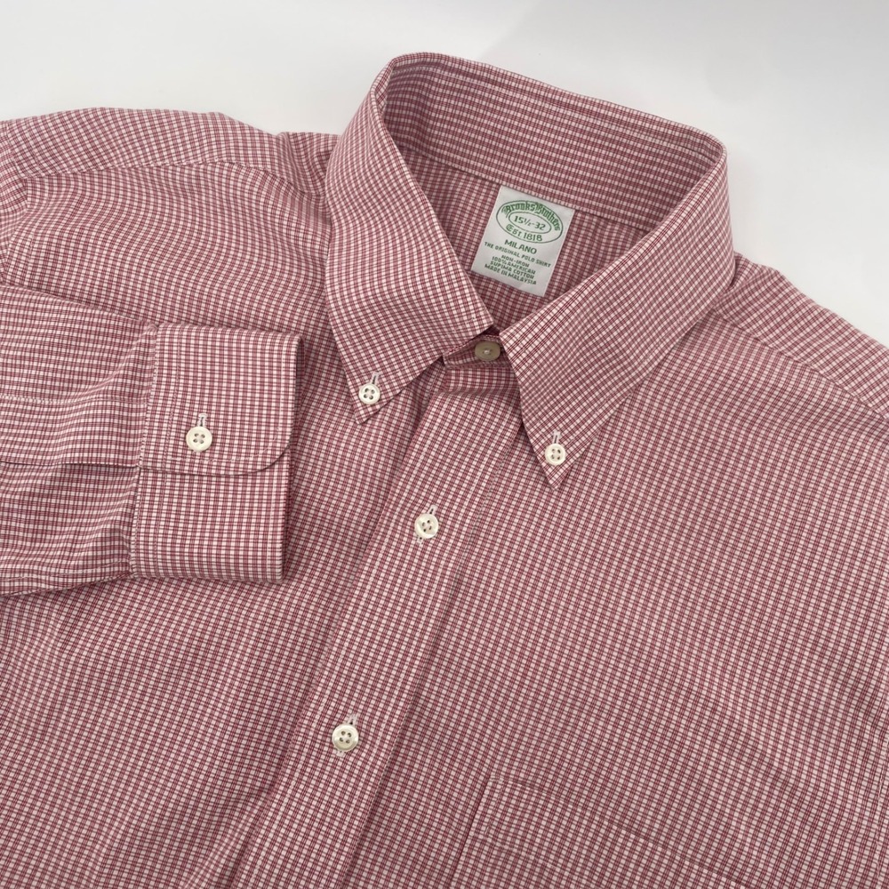 Brooks Brothers Dress Shirt Mens 15.5 32 Red Gingham Milano Non-Iron Cotton